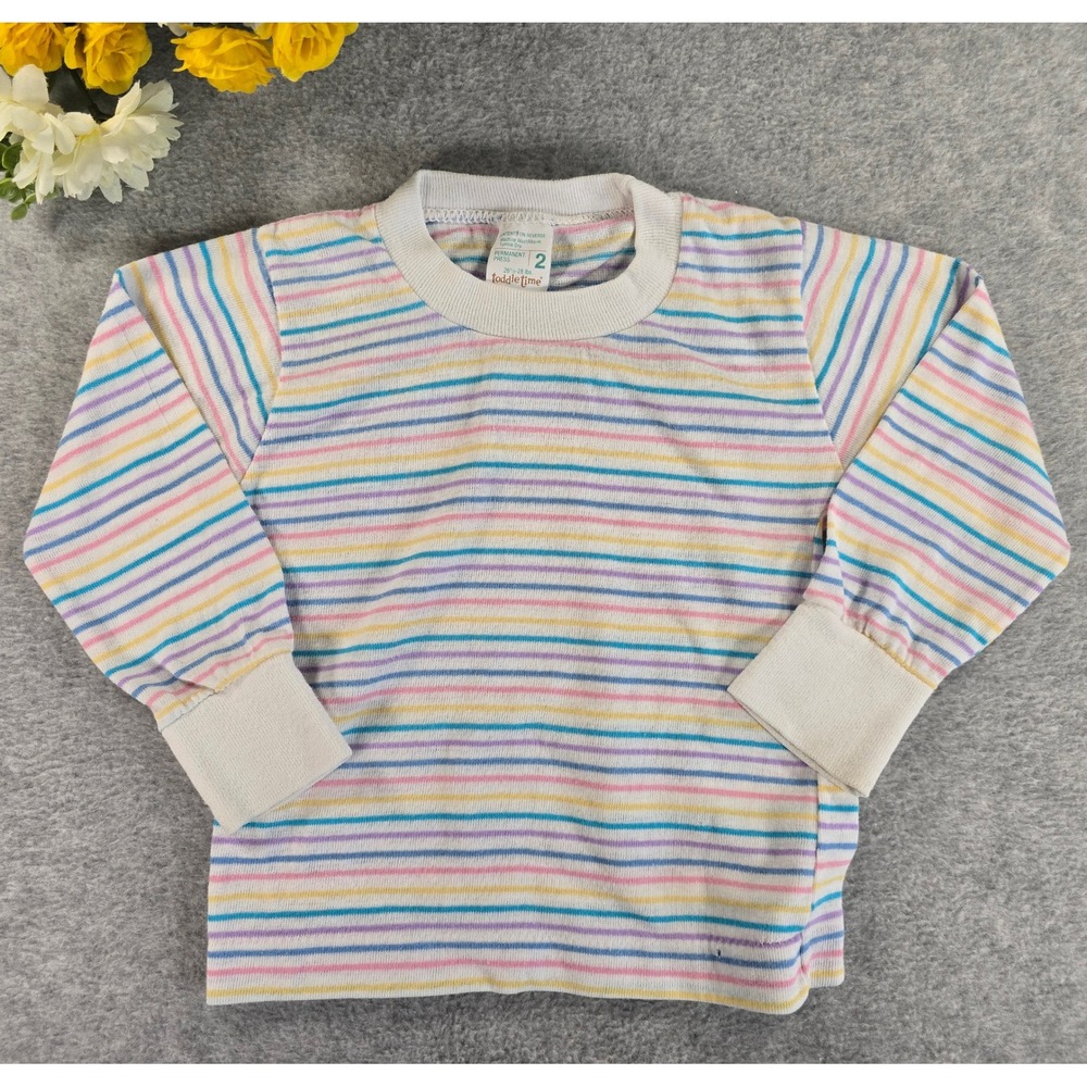 Vintage 80s Toddle Time Pastel Rainbow Striped Long Sleeve T-Shirt Size 24m